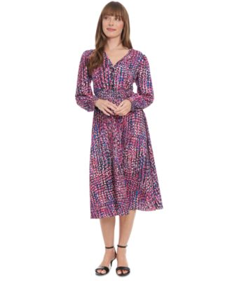 London Times - Petite Printed Smocked-Waist Dress