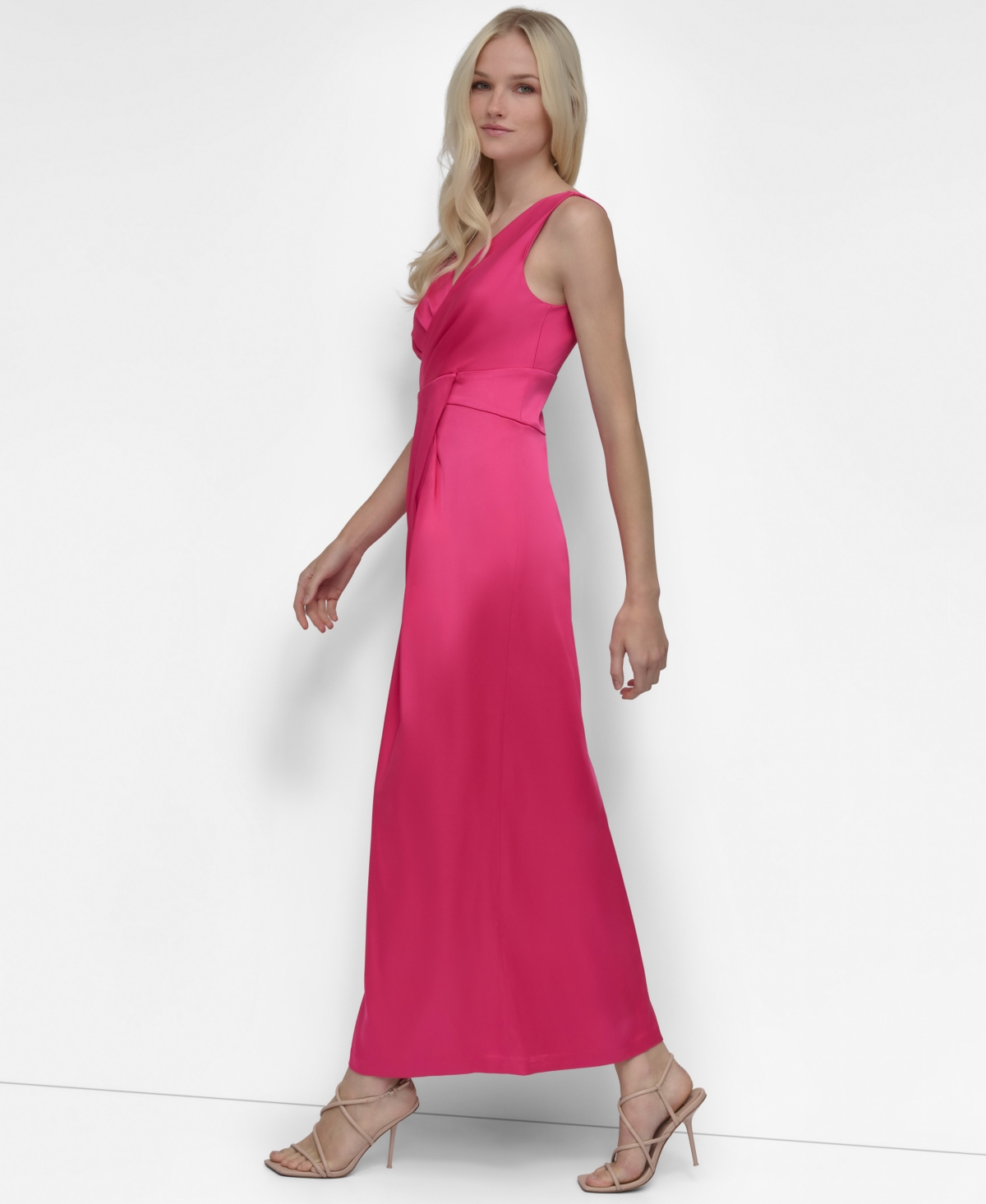 Shop Dkny Women's Surplice-neck Faux-wrap Sleeveless Gown In Pink Peacock