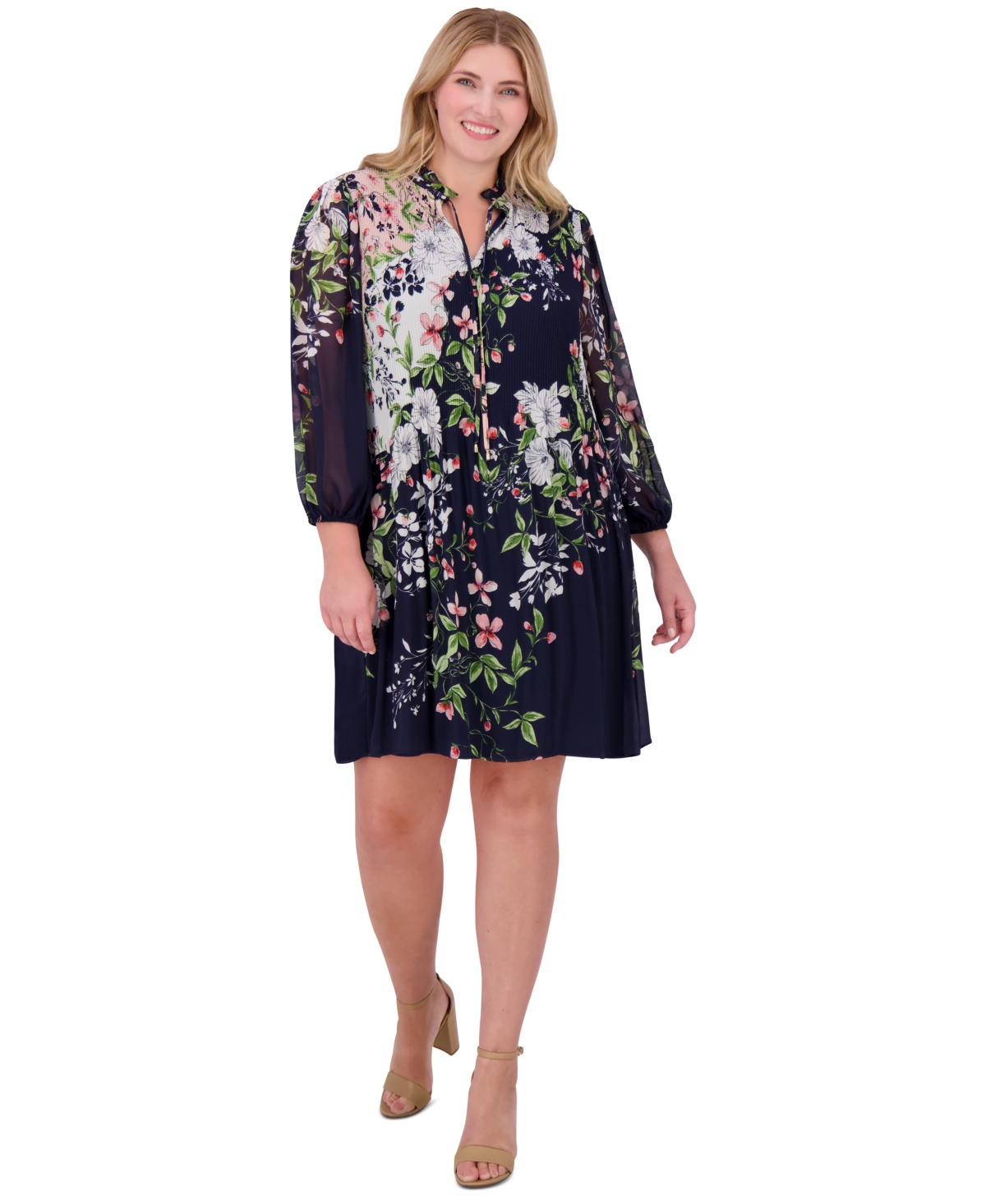 Jessica Howard Plus Size Pleated Floral-print Shift Dress In Navy Multi