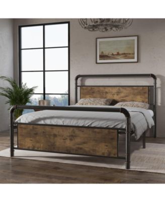 Queen Metal Bed Frame with Wood Headboard & Footboard, Heavy Duty Platform Bed Frame with 14" Under-Bed Storage