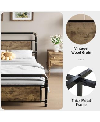 Queen Metal Bed Frame with Wood Headboard & Footboard, Heavy Duty Platform Bed Frame with 14" Under-Bed Storage