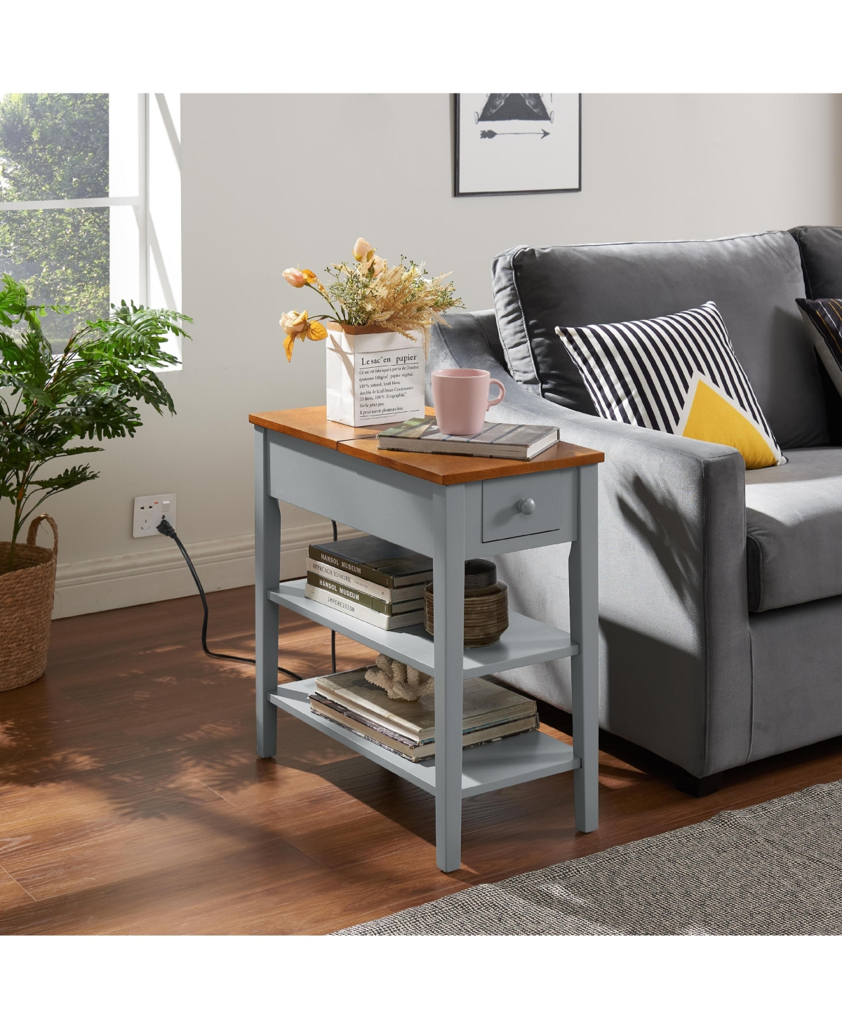 Slickblue Narrow 2-Tone End Table with Usb Ports and Solid Wood Legs for Small Spaces