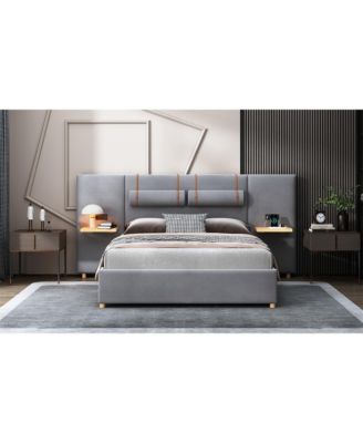 Queen Upholstered Platform Bed with Dual Outlets and USB Charging Ports on Each Side
