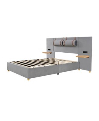 Queen Upholstered Platform Bed with Dual Outlets and USB Charging Ports on Each Side