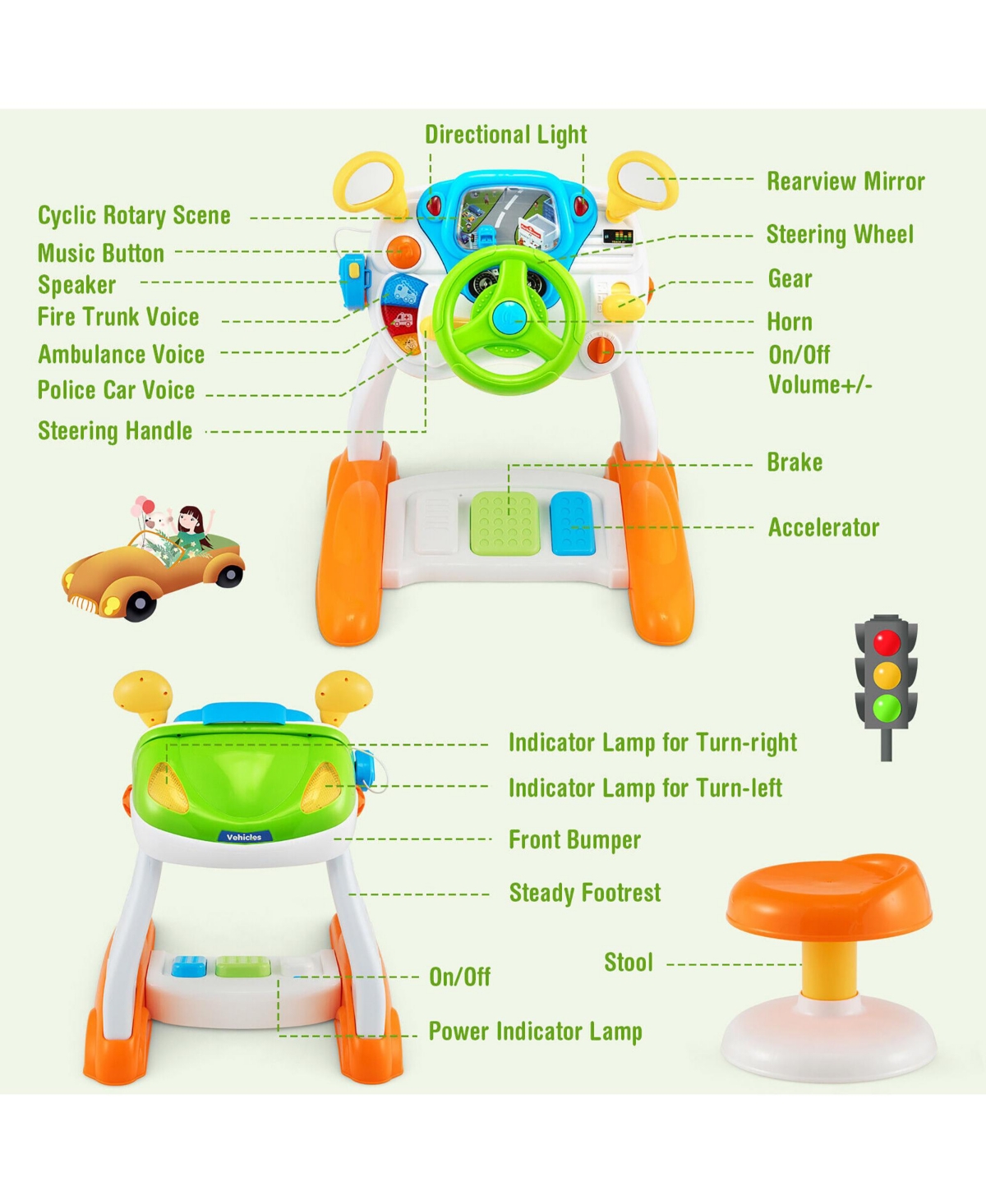 Gymax Kids Pretend Ride on Toy Driver Simulation Car Toddler Play Station Light Sound - Orange+green+white+blue+yellow