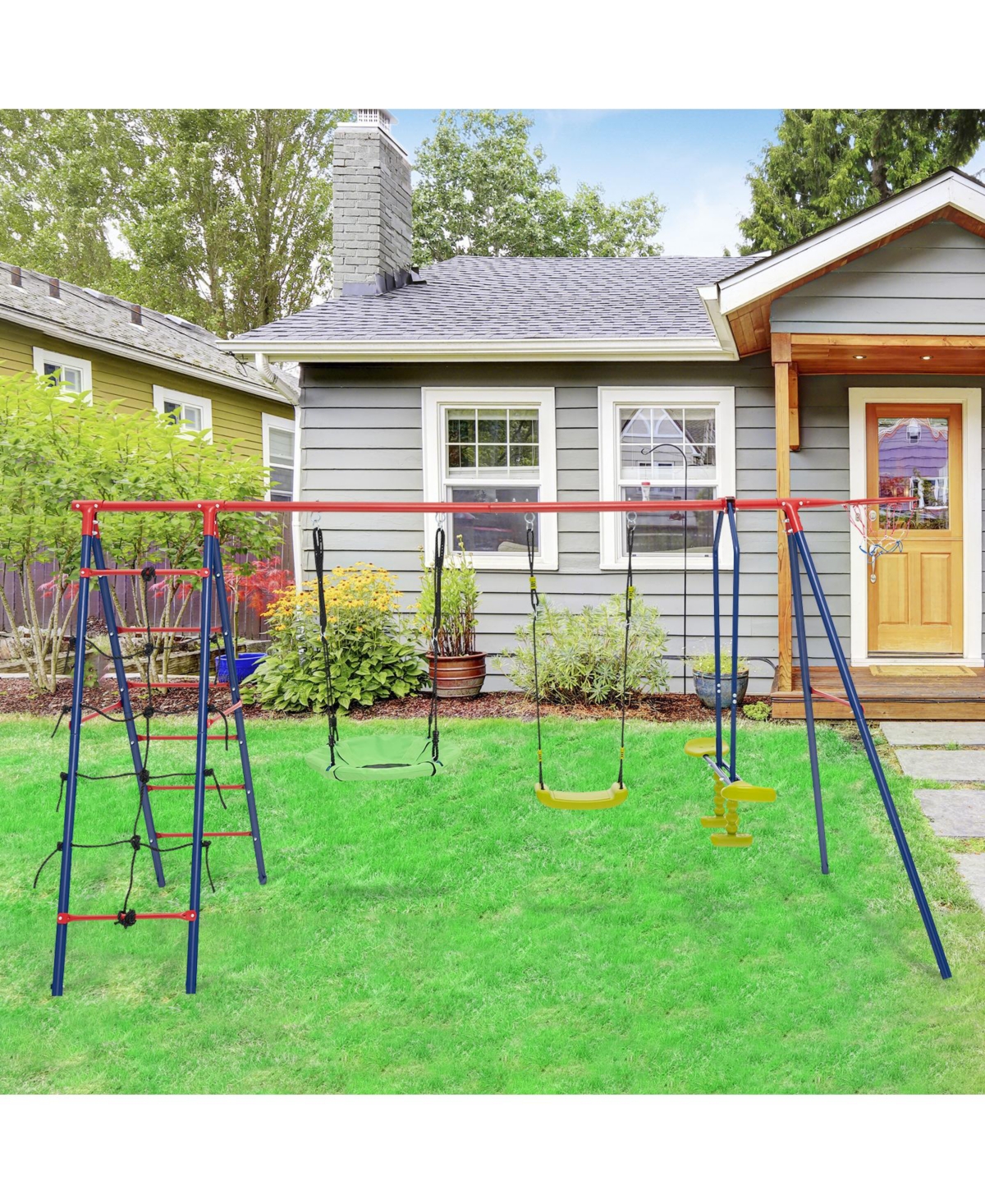Hongge 550 Lbs 6-in-1 Patio Kids Swing Set with Climbing Net and Ladder