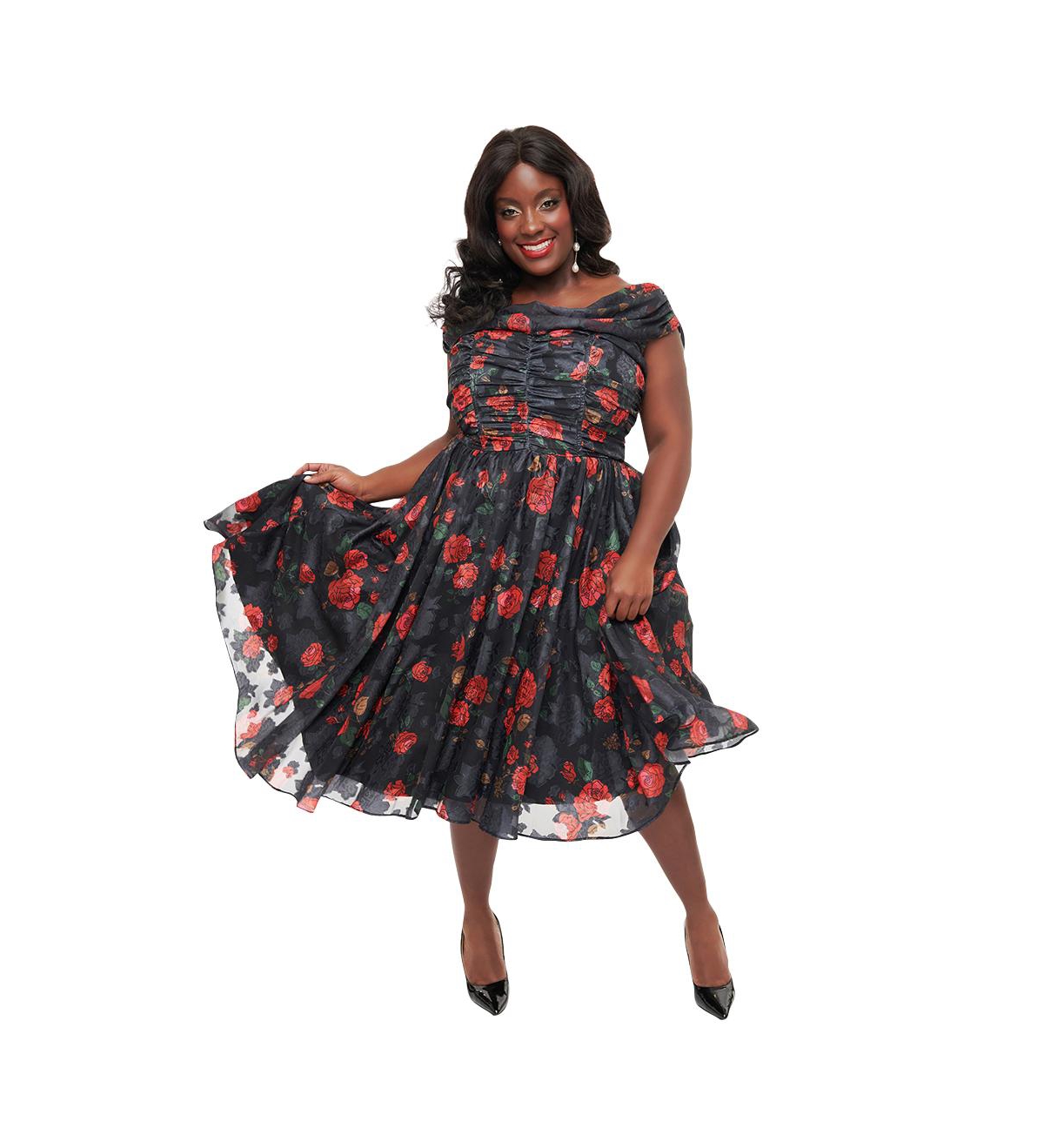 Plus Size Off The Shoulder Ruffle Cocktail Dress - Black/red roses