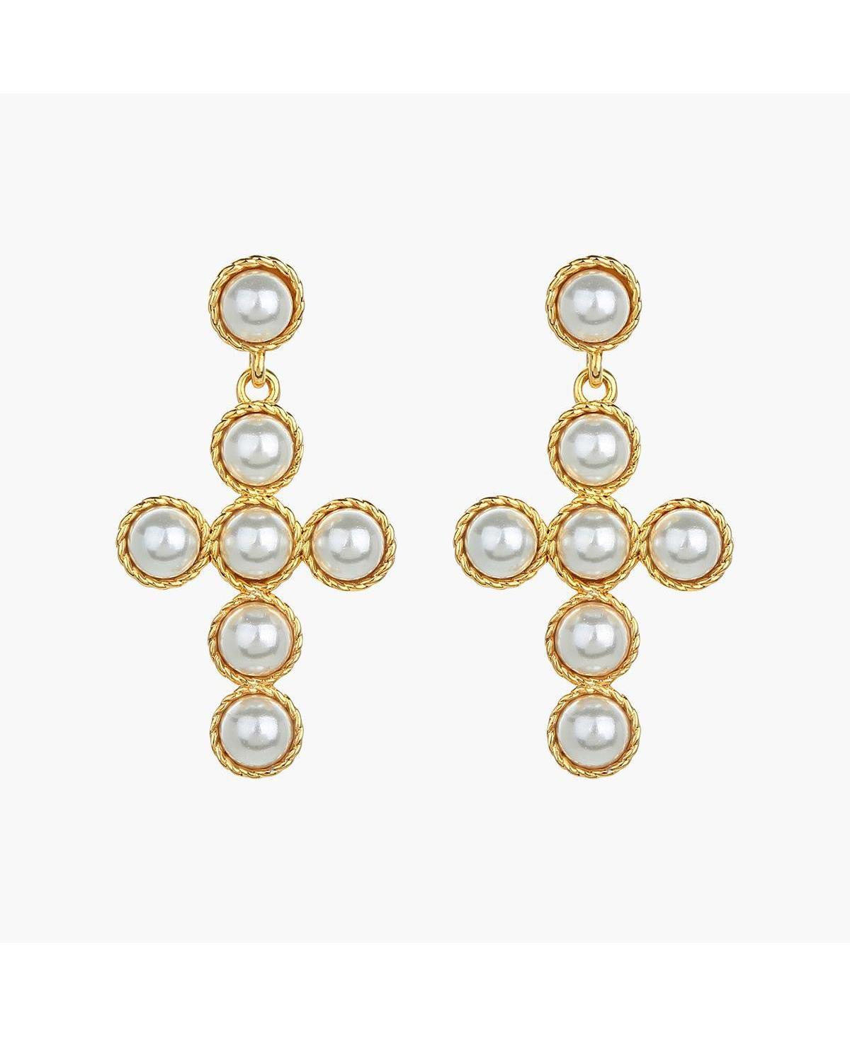 Sterling Silver 18k Gold Plated Victoria Cross Cultured Pearl Earrings - Gold
