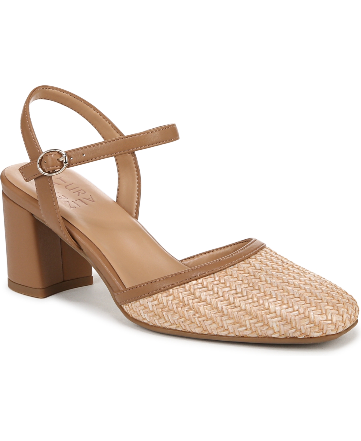 Naturalizer Wave Square Toe Ankle Strap Pumps In Tan Multi Woven Straw,faux Leather
