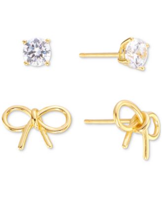 Macy's - 2-Pc. Set Bow & Crystal Stud Earrings in 14k Gold Over Sterling Silver