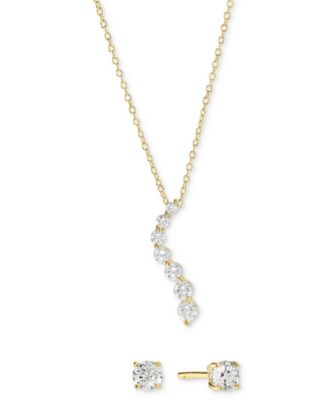 2-Pc Set Cubic Zirconia Journey Pendant Necklace & Solitaire Stud Earrings in Sterling Silver (Also availabe in 14k Gold over Sterling Silver)