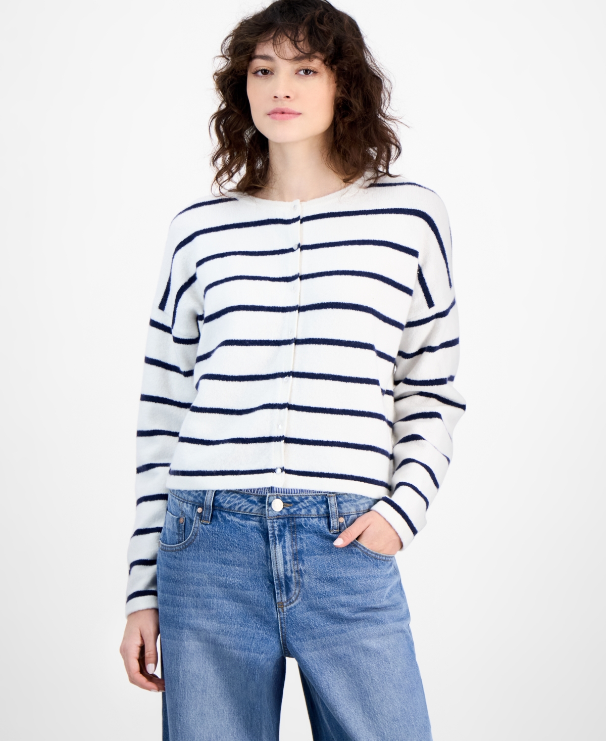 Women's Striped Button Front Cardigan - Cream  Tan Stripe