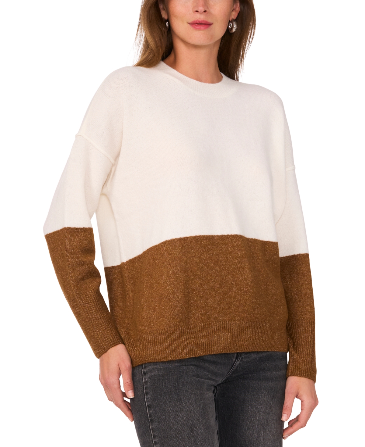 Sam & Jess Women's Colorblocked Crewneck Long-Sleeve Sweater -TOASTED