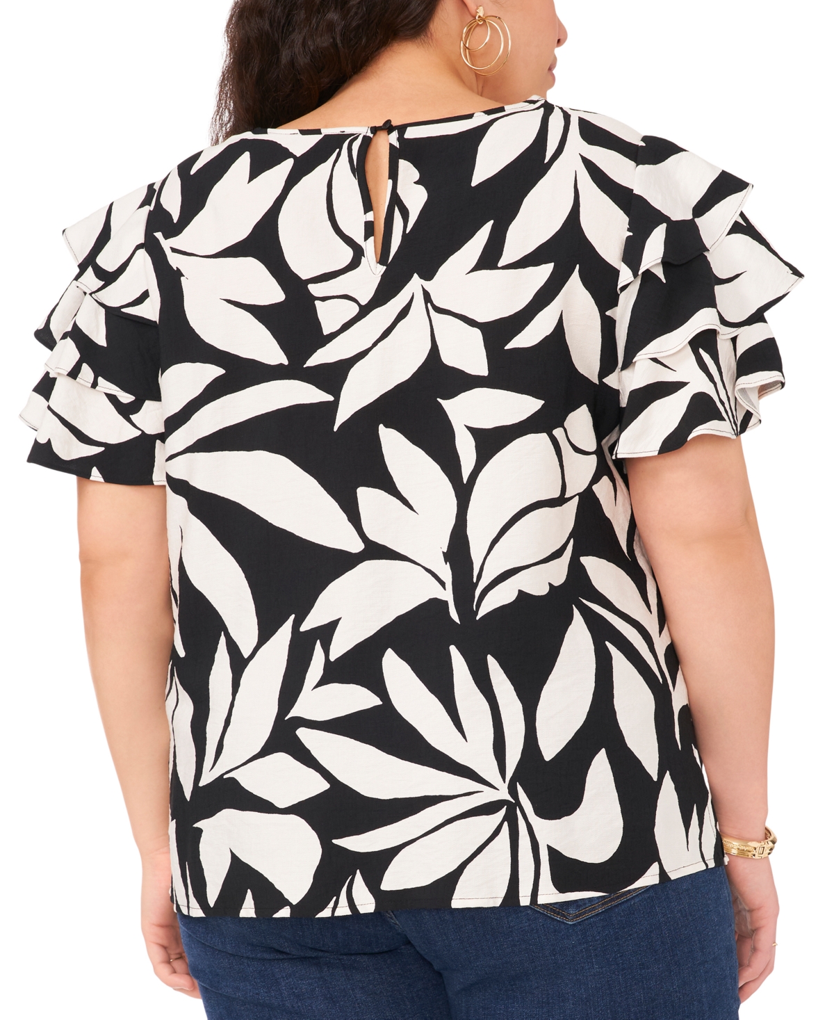Vince Camuto Plus Size Printed Tiered-Ruffle-Sleeve Top