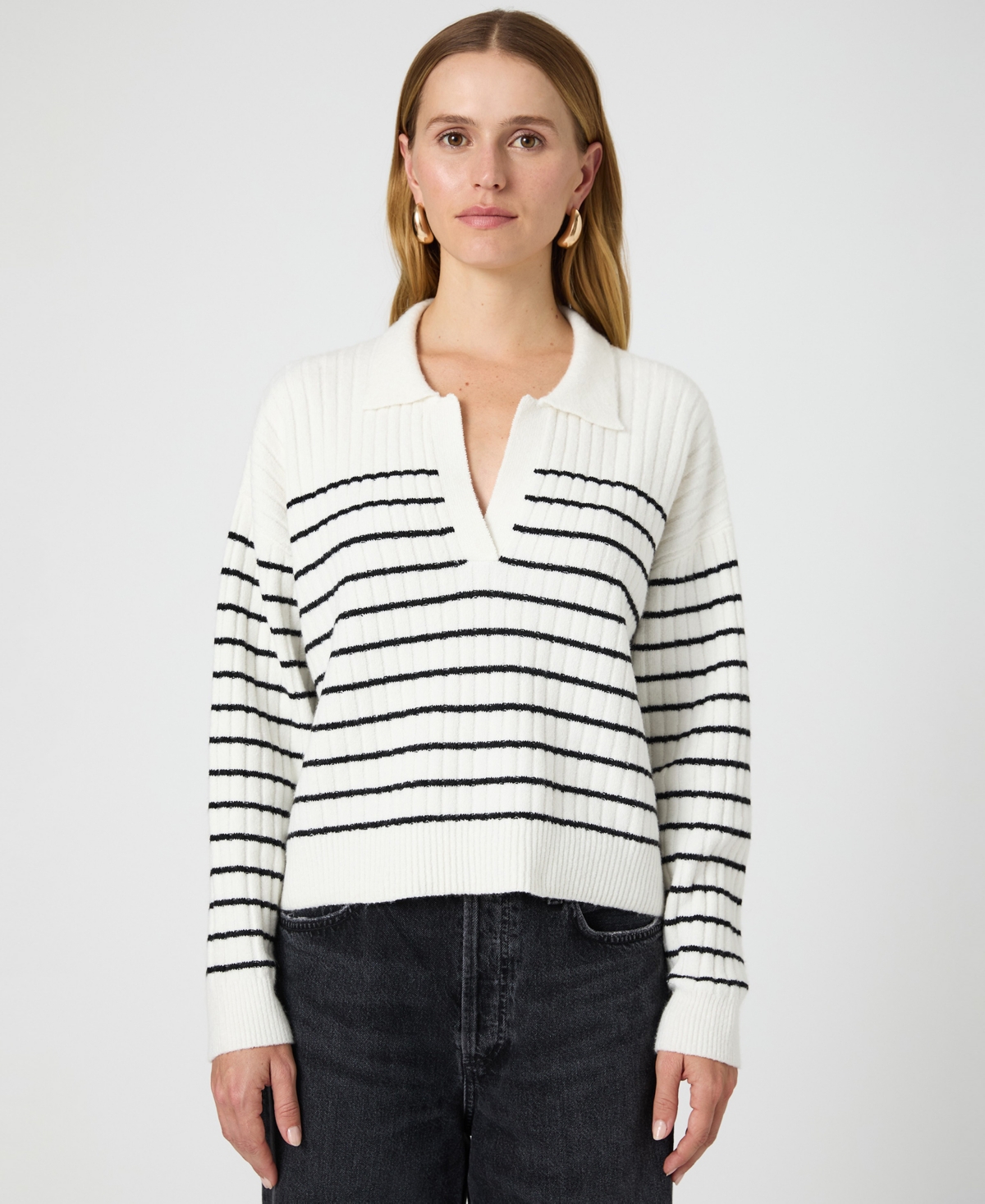 French Connection Women's Vhari Striped Collared Long Sleeve Sweater -Black