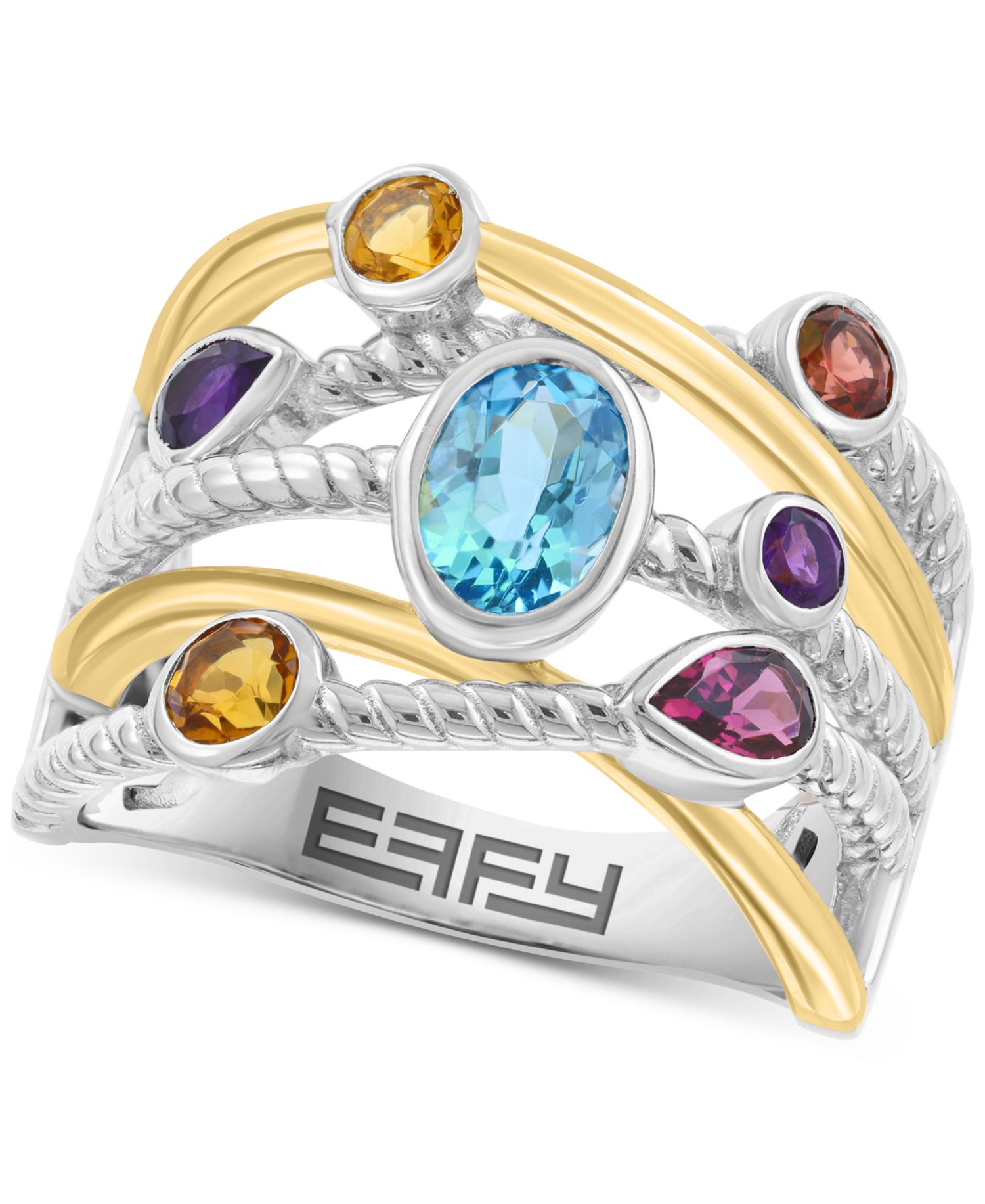 EFFY® Multi Gemstone Mixed Cut Bezel Crossover Statement Ring (1-7/8 ct. t.w.) in Sterling Silver & 14k Gold-Plated Sterling Silver