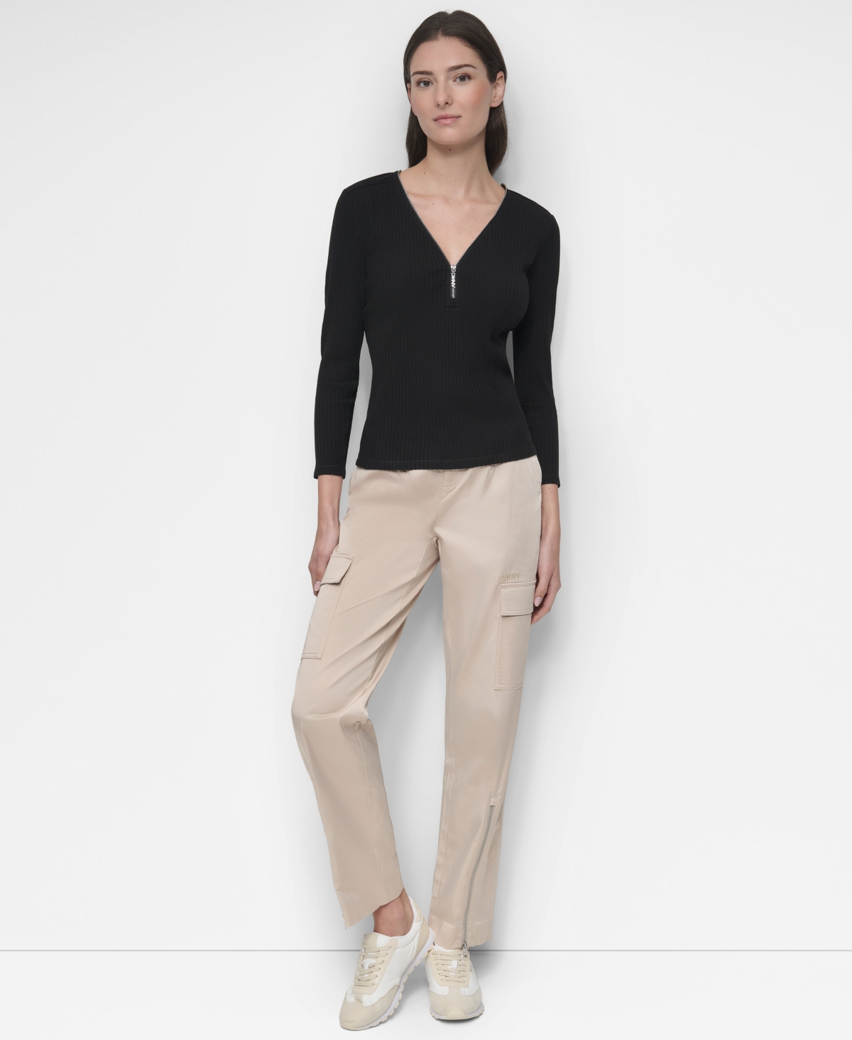 Dkny Women's Ribbed Half-Zip V-Neck Top