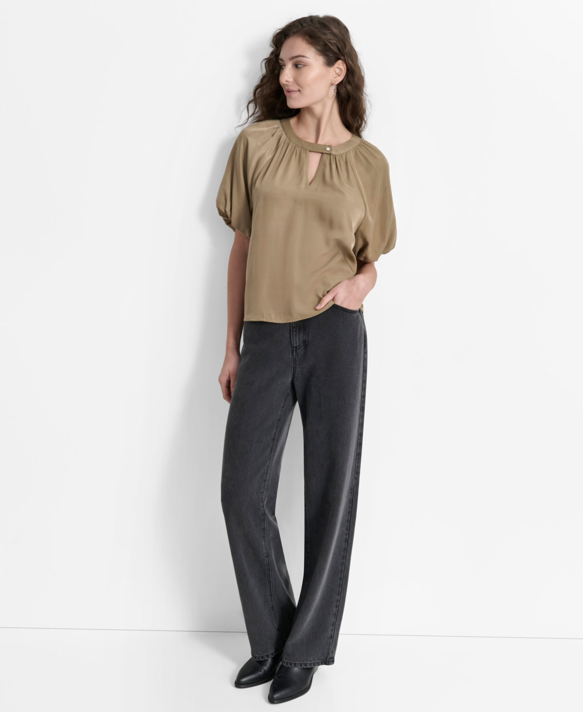 Dkny Women's Short-Bubble-Sleeve Satin Slub Blouse