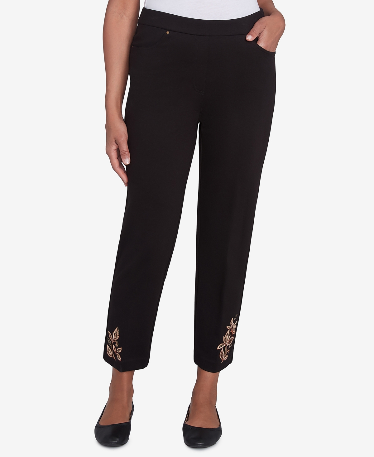 Alfred Dunner Petite Rue Rivoli Embroidered Leaf Flat Elastic Waist Short Length Ponte Pants In Black