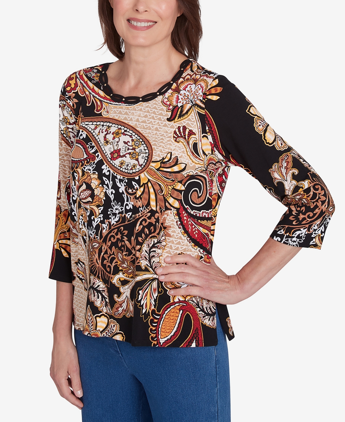 Alfred Dunner Women's Braided Neck Paisley Tee -Tan