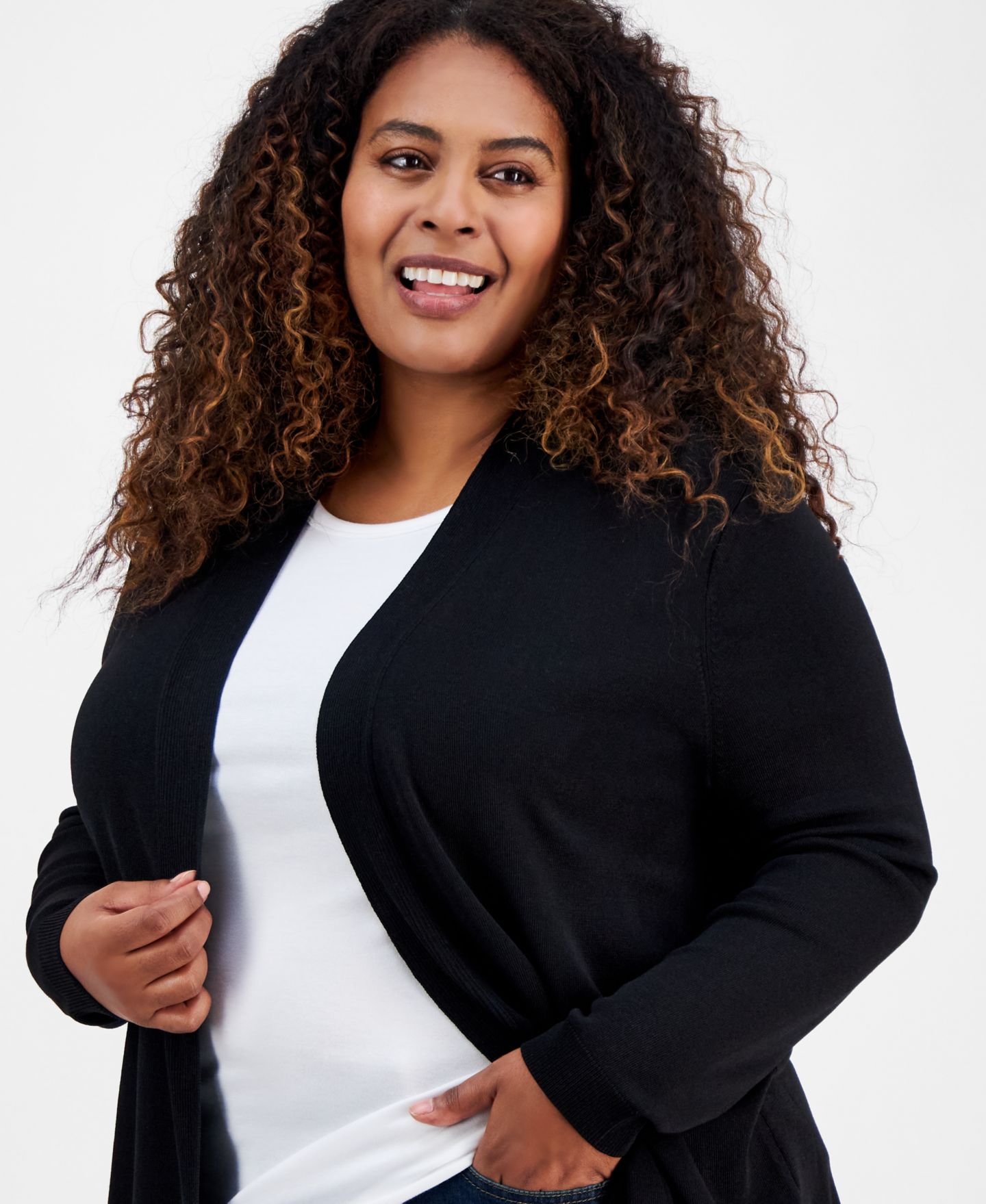 Женский кардиган Jones New York Plus Size Open-Front Cardigan, цвет: Чёрный — фото 3