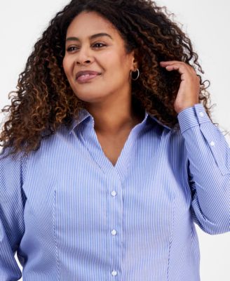 Plus Size Cotton Striped Button-Front Shirt