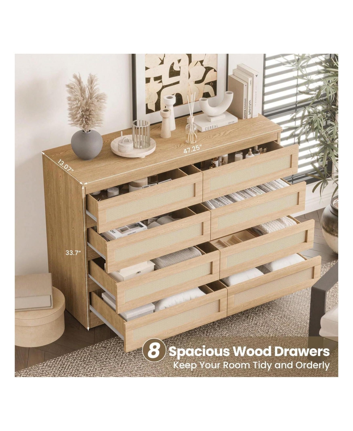gaomon 8 Drawer Double Dresser For Bedroom, Rattan Chest Of Dressers, Modern Wooden Dresser Chest