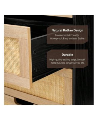 Modern Rattan 5 Drawers Dresser, Double Dresser For Bedroom, Chest Of Drawers Closet Organizers And Storage Clothes For Bedroom Living Room