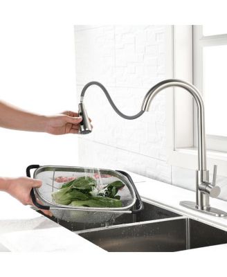 Single Handle Kitchen Sink Faucet – High Arc Design with Pull-Down Sprayer in Brushed Stainless Steel Finish