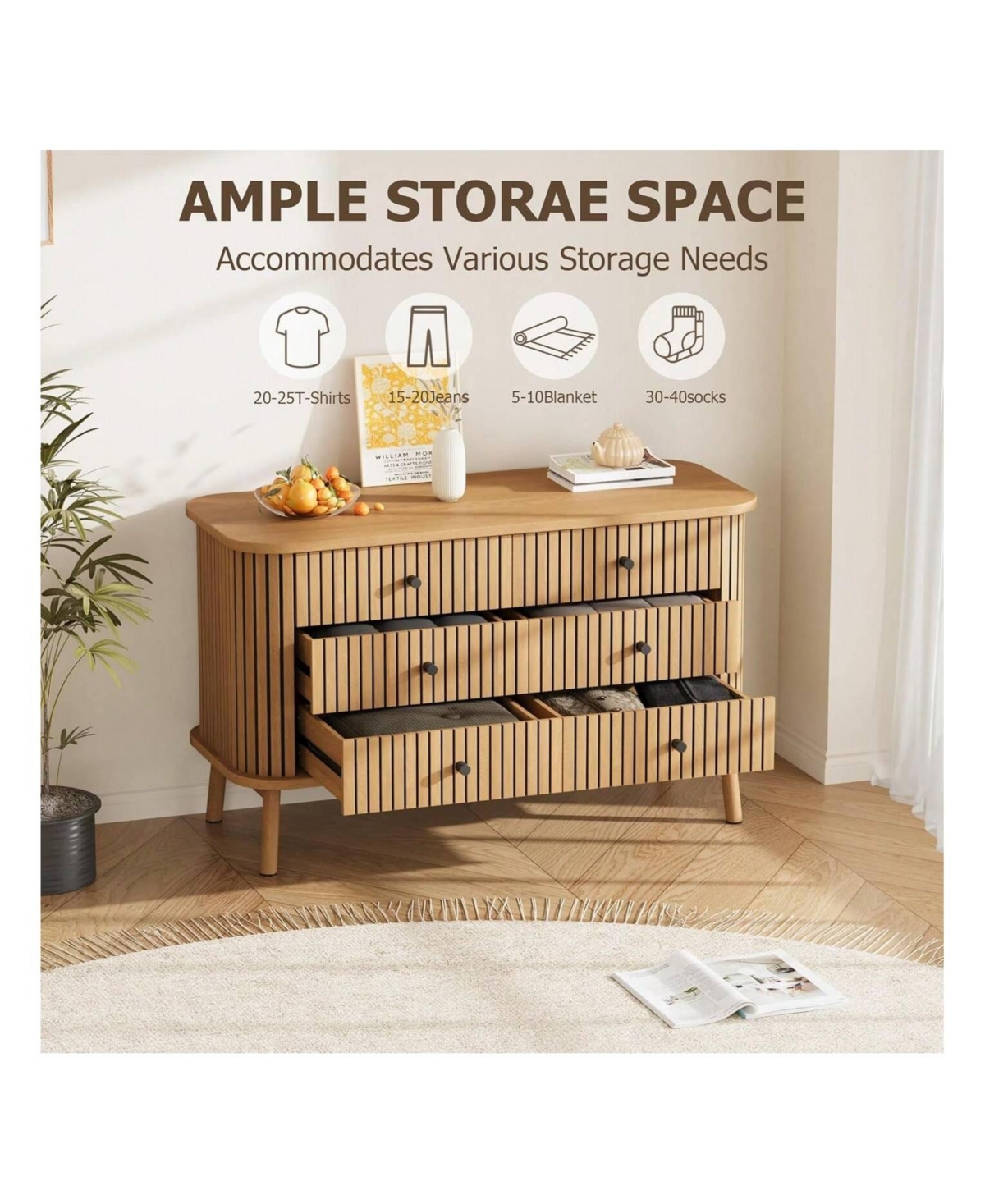 6 Drawer Dresser, Horizontal Chests Of Double Drawers For Bedroom, Mid Century Dresser With Black Handles And Wooden Legs