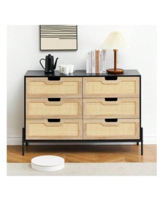 1-Pc 6-Drawer Dresser Wood Rattan Front Metal Legs Spacious Storage Chest