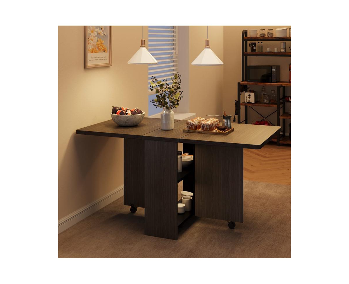 gaomon Space Saving Folding Dining Table with 2 Tier Storage-Extendable Drop Leaf Farmhouse Wood Kitchen Dining Room Tables Set for 4 (Dark Walnut, 50