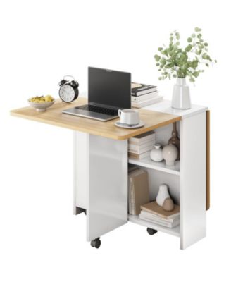 1 PC Wood 6 Wheels and 2-Layer Storage Shelf Folding  Drop Leaf Dining Table