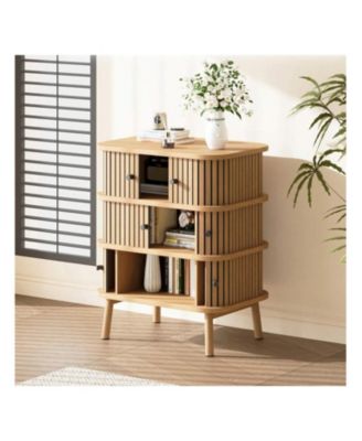 Fluted 3 Drawer Nightstand With Sliding Door, Mid Century Wooden 3 Drawer Dresser, Chest Of Storage Drawer, Side Table For Bedroom, Living Room, Small Space