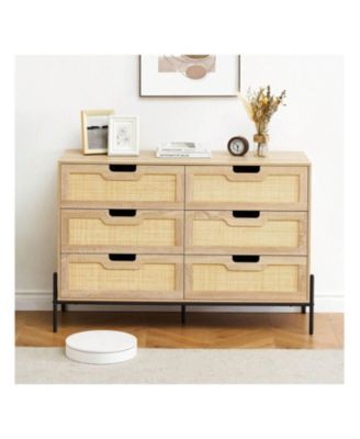 6 Drawers Wood Natural Rattan Drawer With Spacious Storage Dresser