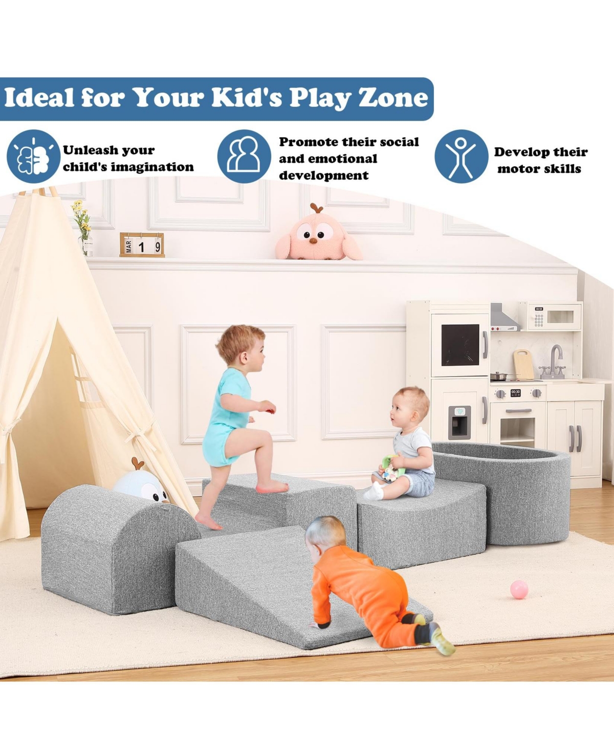 gaomon Soft Play Climbing Blocks for Toddlers, 5-Piece Foam Climbing Set with Ball Pit, Ideal for Indoor Climbing, Crawling, and Play for Ages 1-3