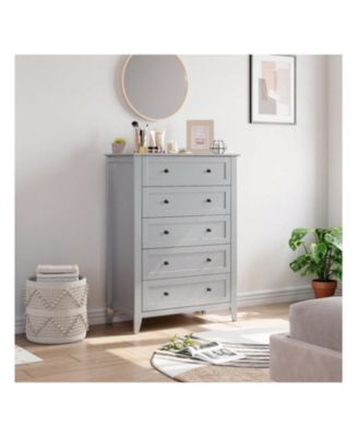 Modern 5 Chest Of Drawer Dresser, Modern Tall Nightstand With Deep Drawers And Nickel Round Handle, Wood Organizer Storage Cabinet For Bedroom