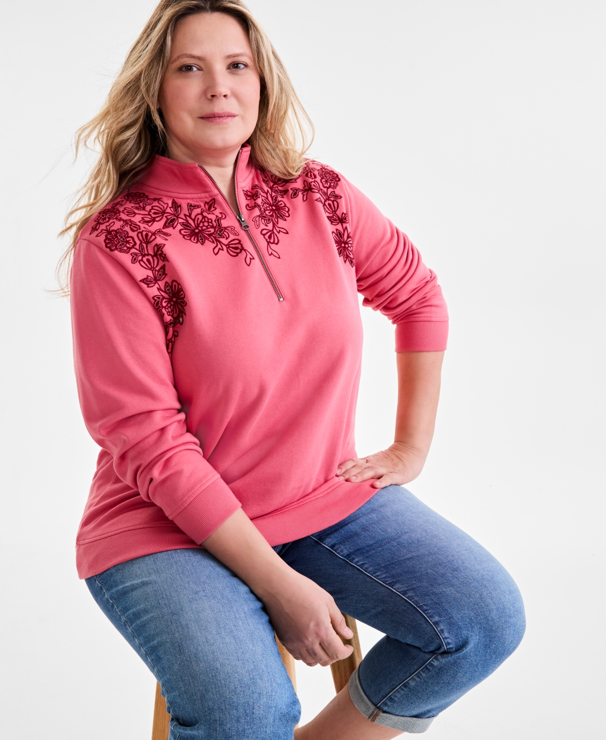 Style & Co Plus Size Embroidered Half-zip Sweatshirt, Exclusively At Macy's In Red Granite
