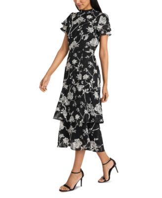 Women's Floral Jacquard Tiered Fit & Flare Dress