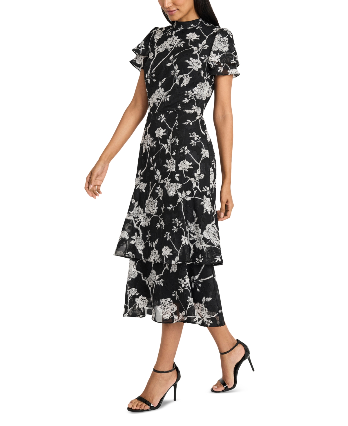 Maggy London Floral Short Sleeve Tiered Midi Dress In Black,whit