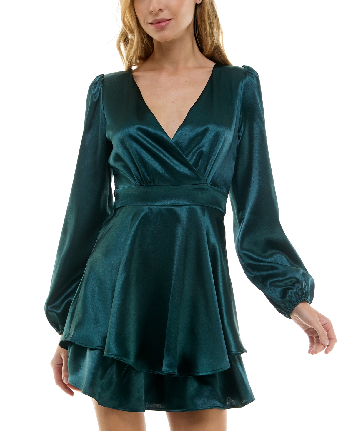 Juniors' Blouson-Sleeve Satin A-Line Dress - Hunter