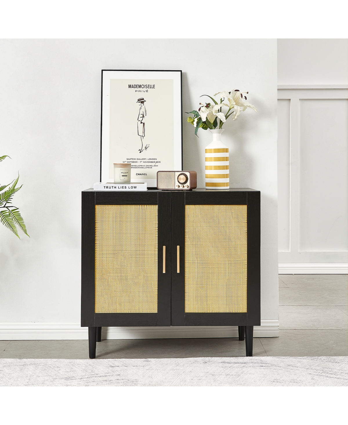 Slickblue Side Panel Buffet Cabinet with Door and Rattan Design, Featuring Adjustable Shelves for Versatile Storage