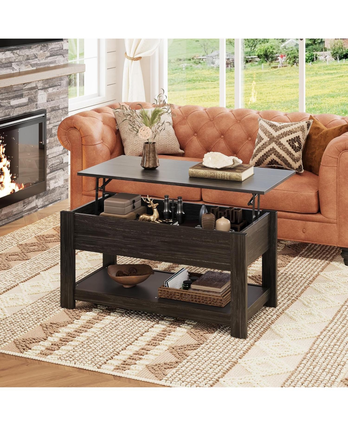 Wlive Modern Lift Top Coffee Table,Rustic Coffee Table with Storage Shelf and Hidden Compartment,Wood Lift Tabletop for Home Living Room - Blac