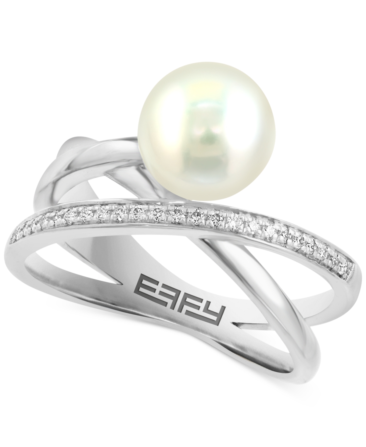Effy Collection Effy Cultured Freshwater Pearl (8mm) & Diamond (1/20 Ct. T.w.) Crossover Ring In Sterling Silver In Sterling Silver