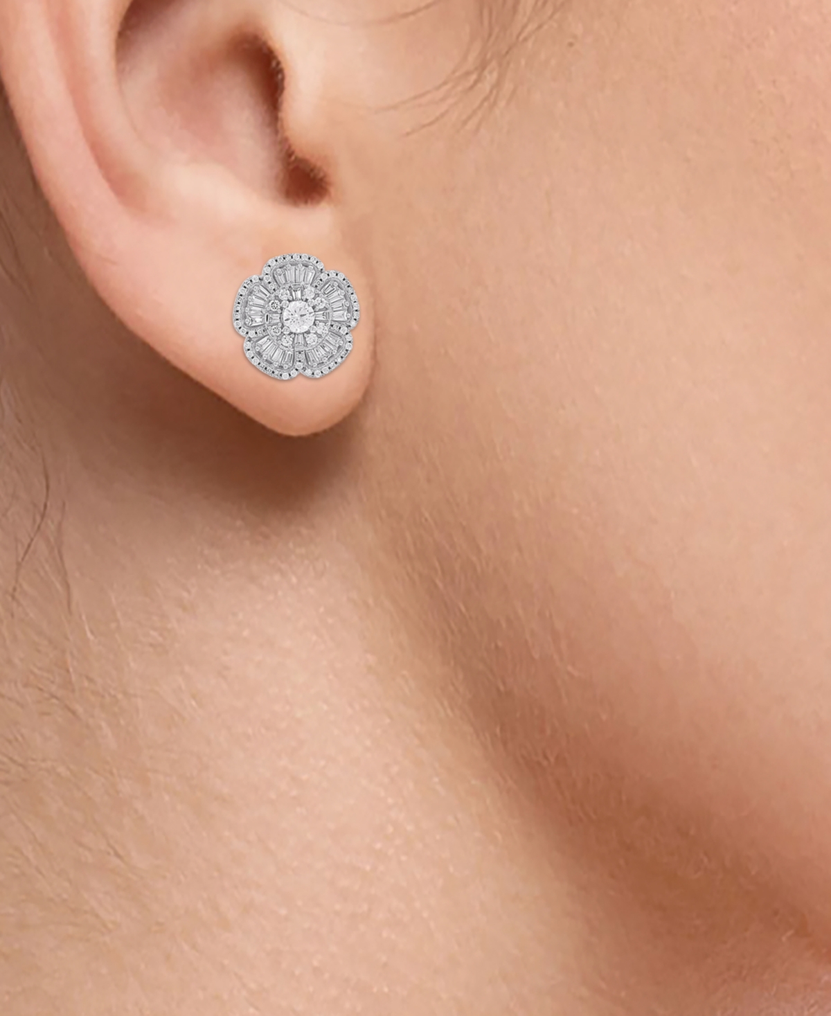 Macy's Diamond Baguette & Round Flower Stud Earrings (1 Ct. T.w.) In 14k White Gold In White Gold