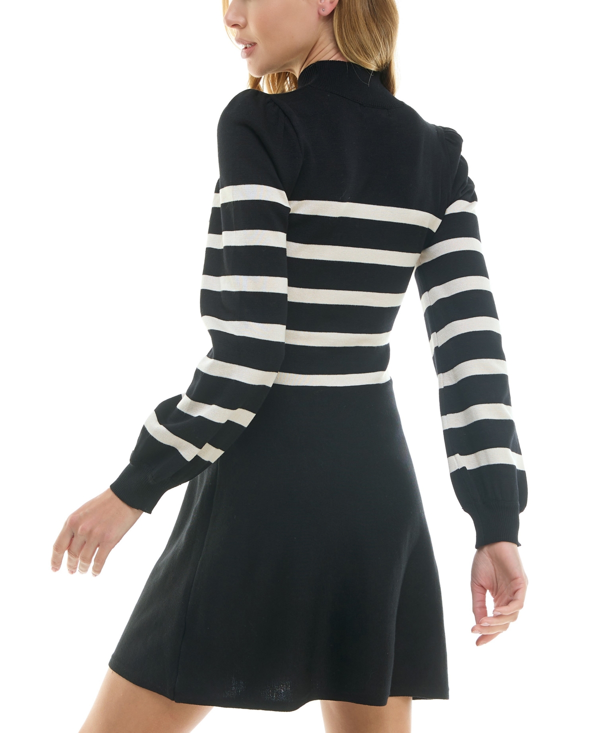 Crystal Doll Juniors' Striped Mockneck Blouson-Sleeve Sweater Dress -ivo