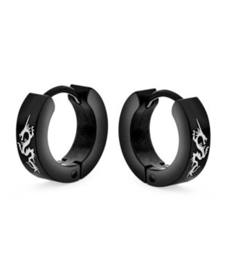 Mens Dragon Hoop Huggie Earrings Laser Gold Tone Stainless Steel