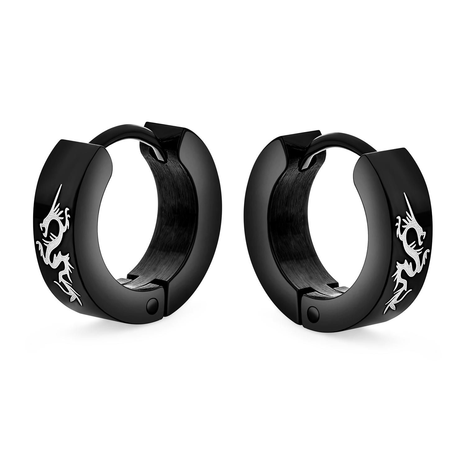 Asian Dragon Mini Hoop Huggie Earrings Silver Tone Stainless Steel