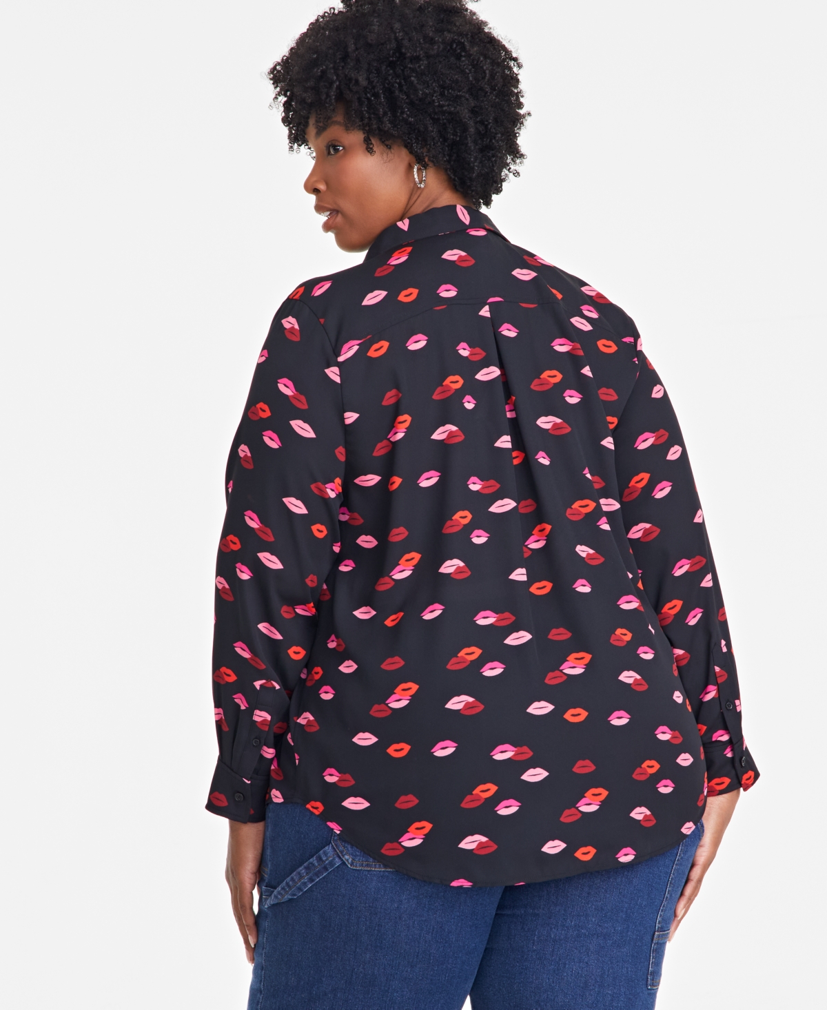 On 34th Trendy Plus Size Lip Party Printed Blouse, Exclusively At Macy's In Deep Black