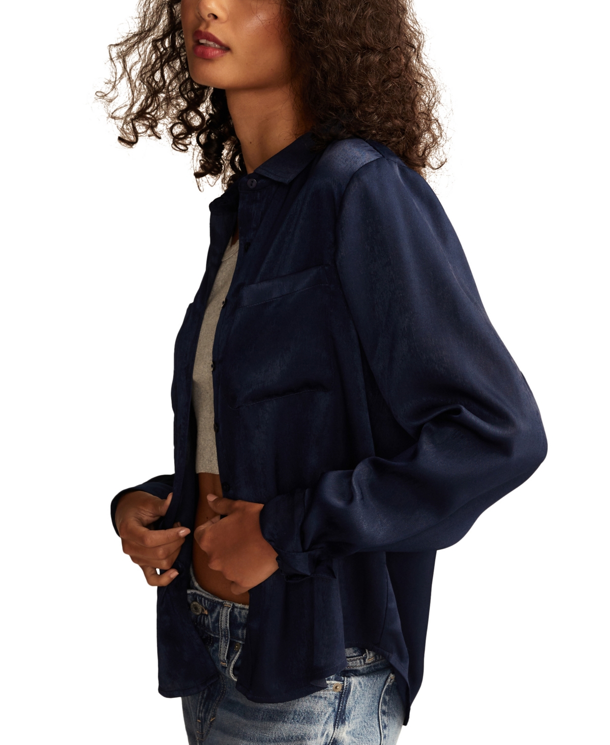 Shop Lucky Brand Women's Hammered-satin Button-down Shirt In Dress Blues